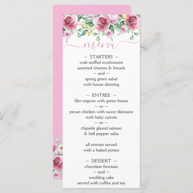 Menu de Casamento Floral Amarelo Cor Amarela Rosa (Frente/Verso)