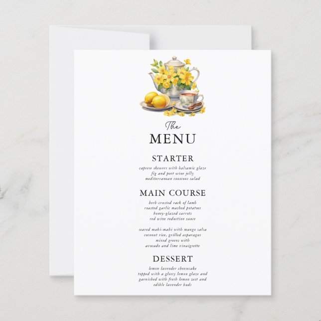 Menu de Casamento Floral Amarelo e Branco Elegante (Frente)