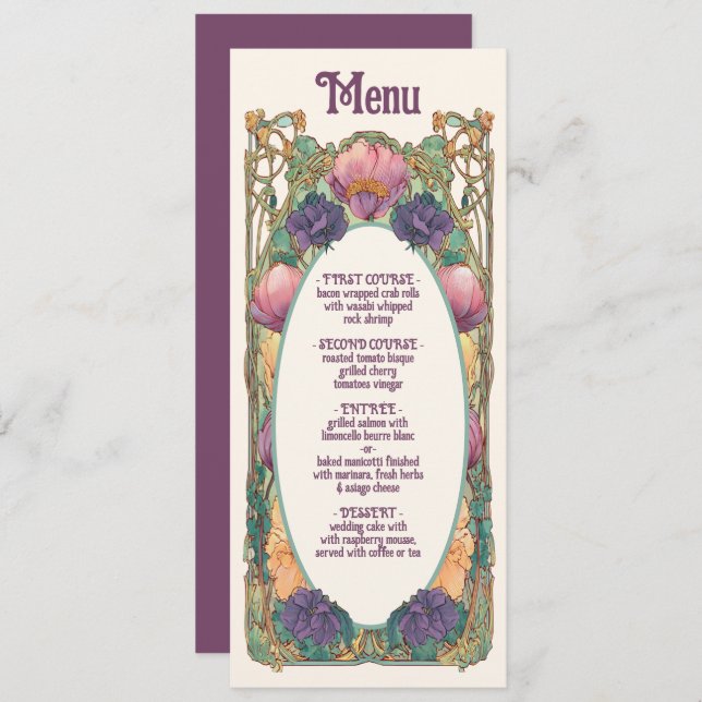Menu de Casamento Floral Art Nouveau (Frente/Verso)