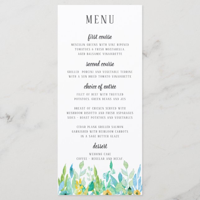 Menu de Casamento Floral Azul do Mar de Água (Frente)