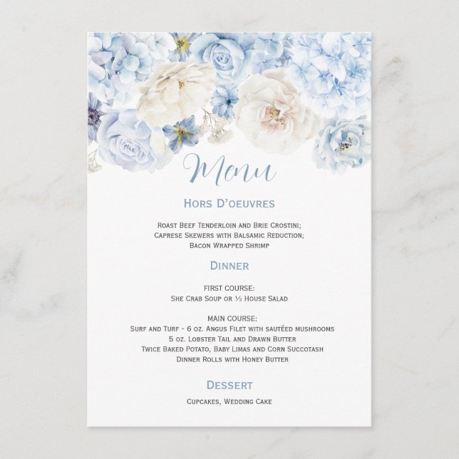 Menu de Casamento Floral Azul e Branco Pálido (Frente)