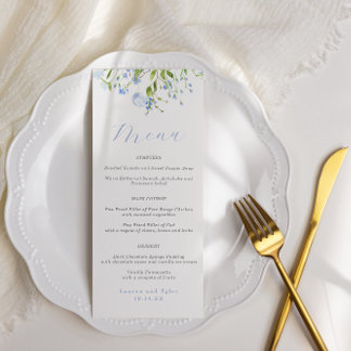 Menu de Casamento Floral Azul Elegante