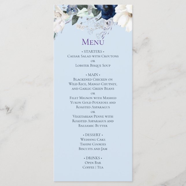 Menu de Casamento Floral Azul Elegante (Frente)