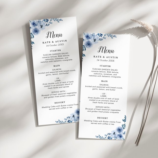 menu de casamento floral azul empoeirado (Criador carregado)
