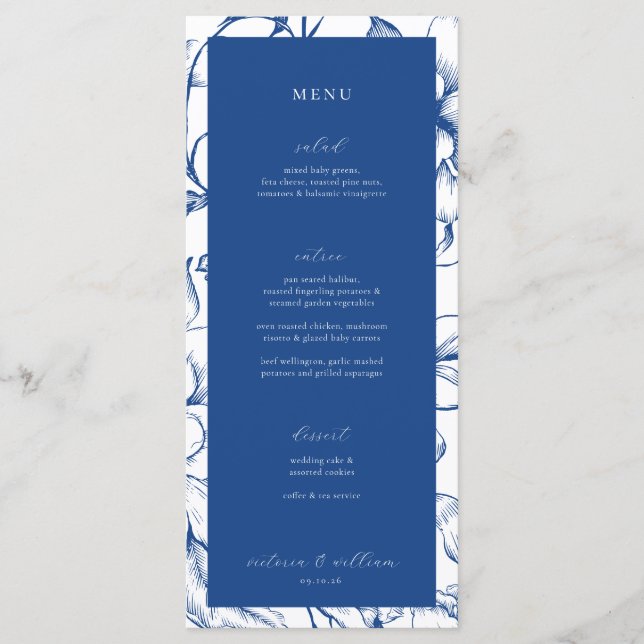 Menu de Casamento Floral Azul Francês e Obrigado (Frente)