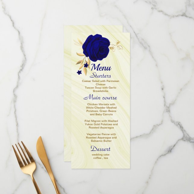 menu de casamento floral azul-real chic (Frente/Verso In Situ)