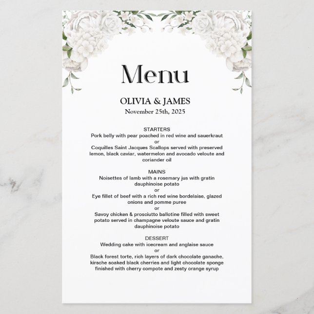 Menu de Casamento Floral Branco (Frente)