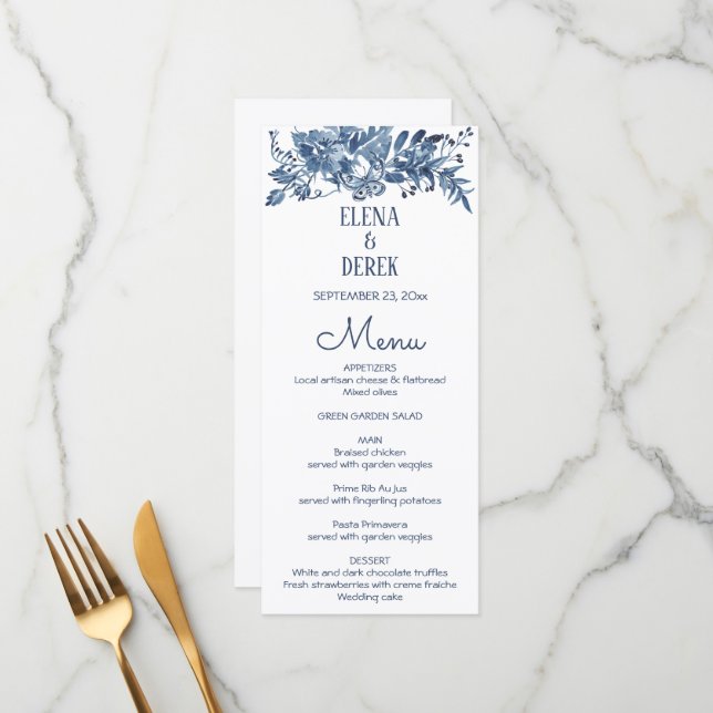 Menu de Casamento Floral Branco, Azul Simples (Frente/Verso In Situ)