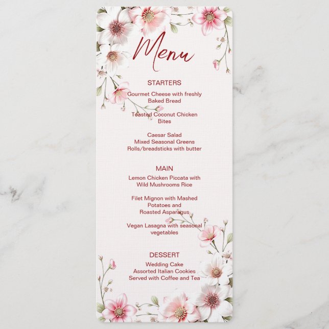 Menu de Casamento Floral Branco Cor-de-Rosa (Frente)