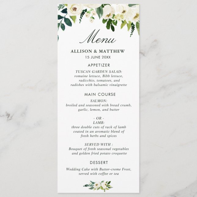 menu de casamento floral branco de marfim de aquar (Frente)