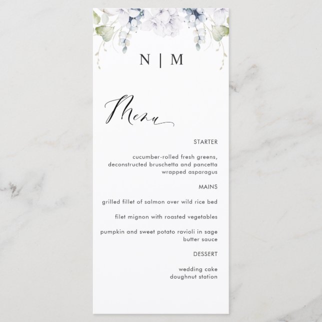 Menu de Casamento Floral Branco e Azul Elegante (Frente)
