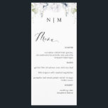 Menu de Casamento Floral Branco e Azul Elegante<br><div class="desc">Menu de casamento elegante monograma com elegante verde-coloração-d'água e detalhes florais brancos e azuis em cima com iniciais de casal. Capacidade de adicionar seu próprio menu usando caixas de texto fornecidas e, se necessário, fazer ajustes de posição, tamanho, estilo e cor do texto selecionando "personalizar mais". O mesmo design também...</div>