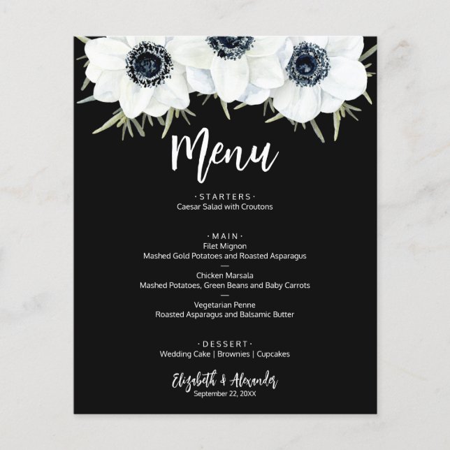 Menu de Casamento Floral Branco e Preto do Orçamen (Frente)