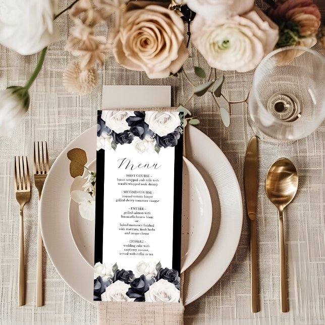 Menu de Casamento Floral Branco e Preto Elegante (Criador carregado)