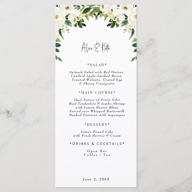 Menu de Casamento Floral Branco Elegante (Frente)