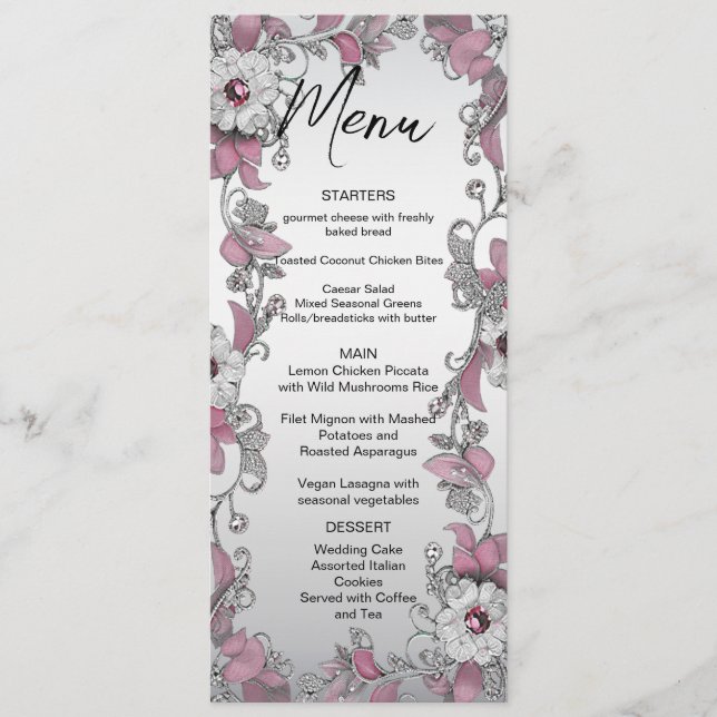 Menu de Casamento Floral Branco Prateado Rosa (Frente)