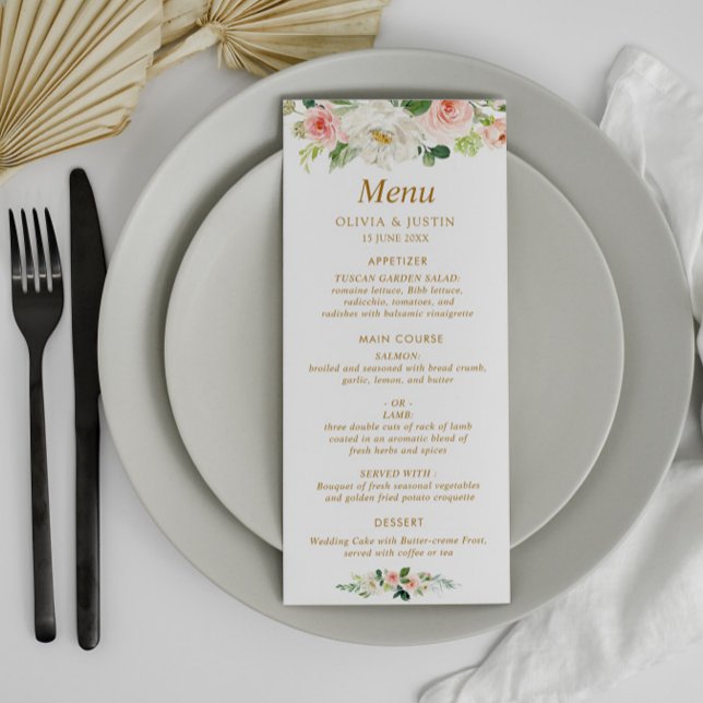 menu de casamento floral com blush de aquarela (Criador carregado)