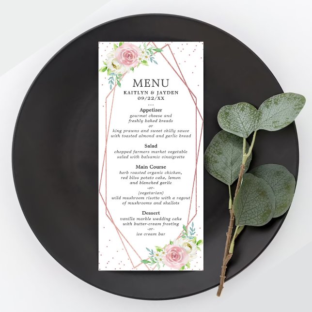 Menu de Casamento Floral com Folha Rosa de Ouro Ge (Criador carregado)