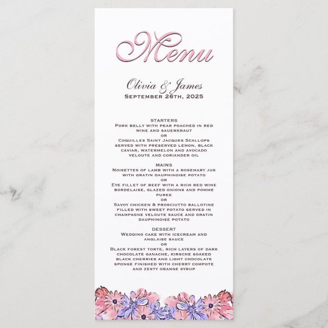 Menu de Casamento Floral com Lavanda Rosa Esbranqu (Frente)