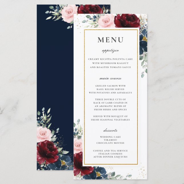 Menu de Casamento Floral Cor-de-Rosa Azul-Borgonha (Frente/Verso)
