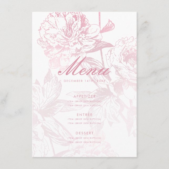 Menu de Casamento Floral Cor-de-Rosa-Blush Dourado (Frente)