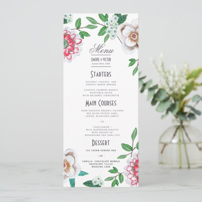Menu de Casamento Floral Cor-de-Rosa Botânica (Em pé/Frente)