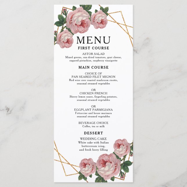 Menu de Casamento Floral Cor-de-Rosa, Geo Dourado  (Frente)