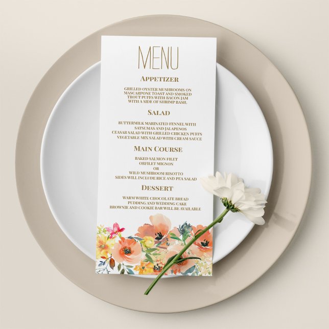 Menu de Casamento floral cor-de-rosa-laranja botul (Botanic orange yellow pink floral Wedding Menu )