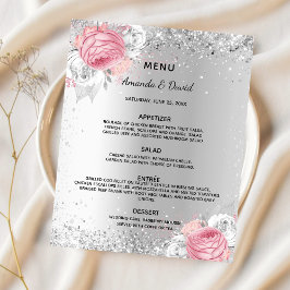 Menu de casamento floral cor-de-rosa-prata