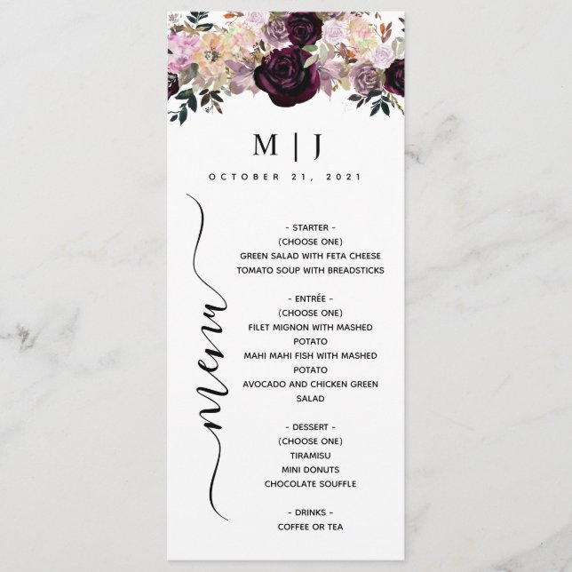Menu de Casamento Floral da Parede de Vinho (Frente)