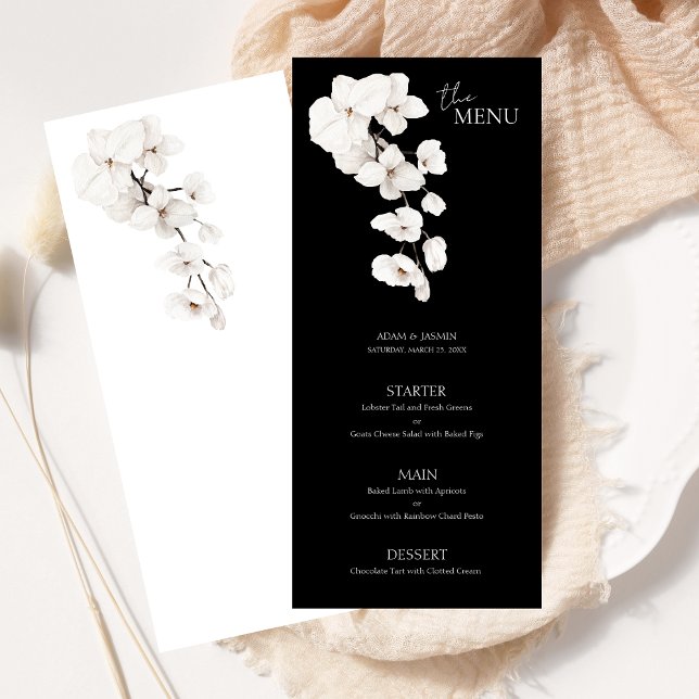 Menu de Casamento Floral das Orquídeas Brancas Neg (Modern Black and White Orchids Flowers Wedding Menu )