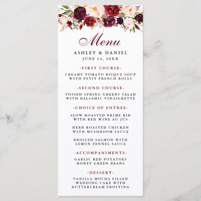 Menu de Casamento Floral de Aquarela Burgundy (Frente)