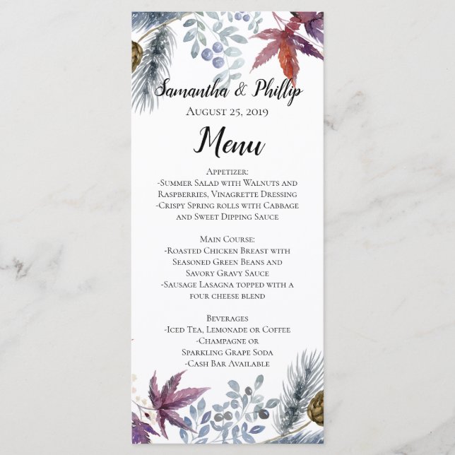 Menu de Casamento Floral de Aquarela de Maple Japo (Frente)
