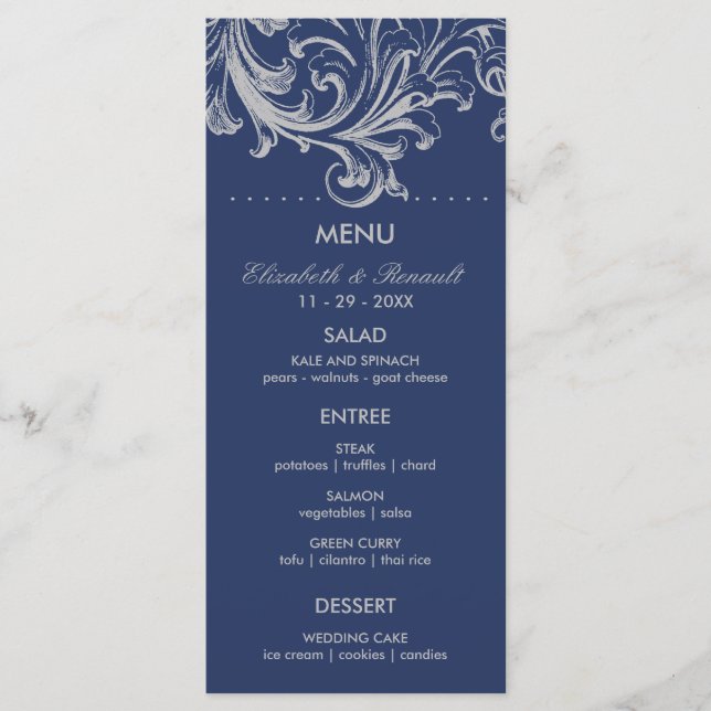 Menu de Casamento Floral de Azul e Cinza Antiquado (Frente)
