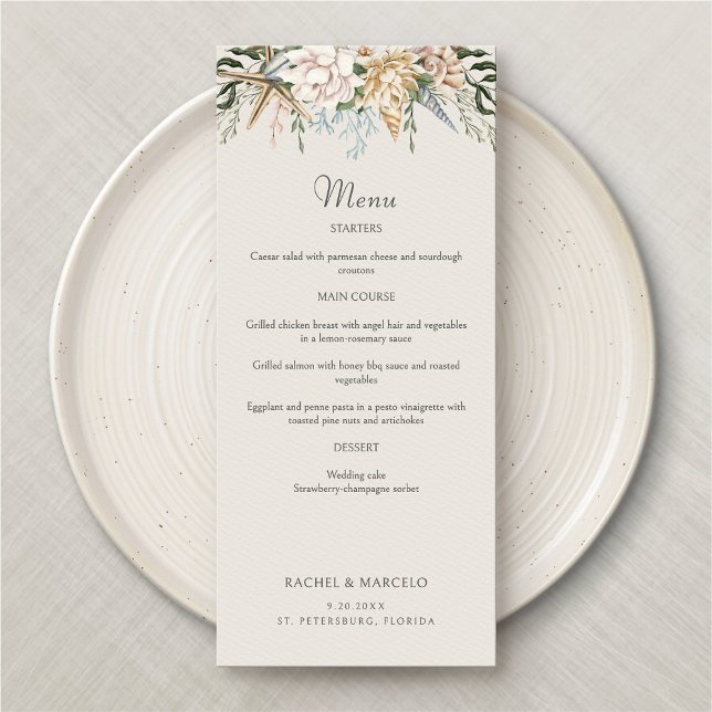 Menu de Casamento Floral de Beach Seashells (Criador carregado)