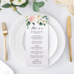 Menu de Casamento Floral de Blush White Bloom Wate<br><div class="desc">Cartão de Menu Elegante de Casamento com flores pintadas de aquarela,  em folhagem rosa-pincel,  branca e verde. Para personalização mais avançada deste design,  clique no botão "Personalizar". Itens correspondentes também estão disponíveis.</div>