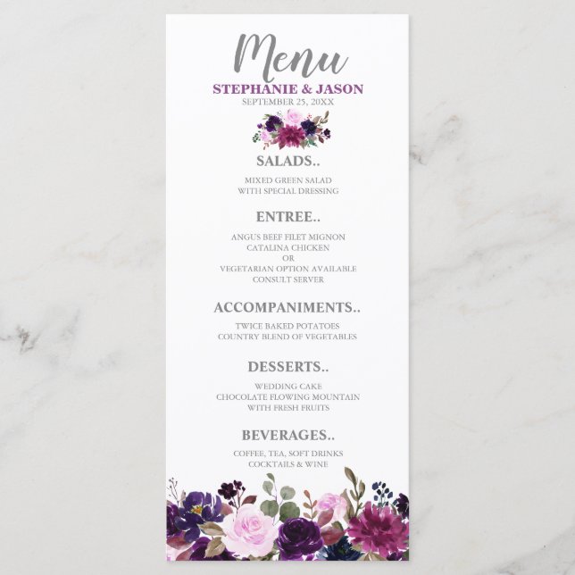 Menu de Casamento Floral de Boho com Lavanda Roxa (Frente)