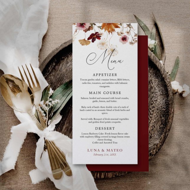 Menu de Casamento Floral de Burgundy Boho Fall (Boho Burgundy Floral Menu Card)