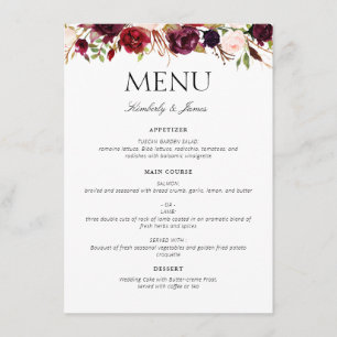 menu de casamento floral de cor d'água
