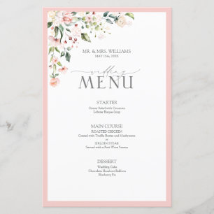 Menu de Casamento Floral de Cor de Água Rosa Pês