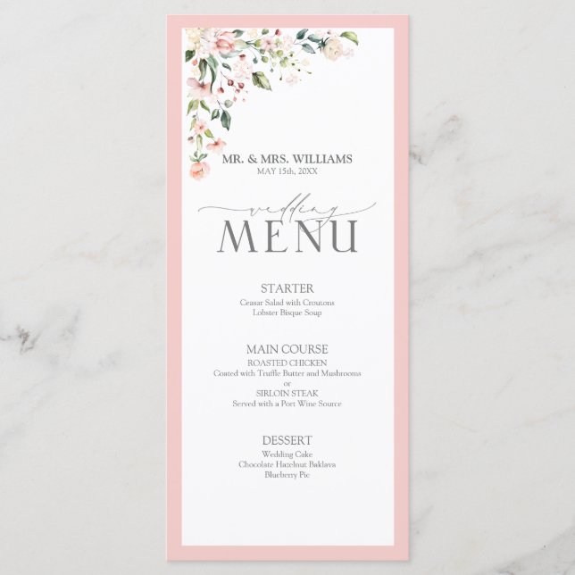 Menu de Casamento Floral de Cor de Água Rosa Pêsse (Frente)