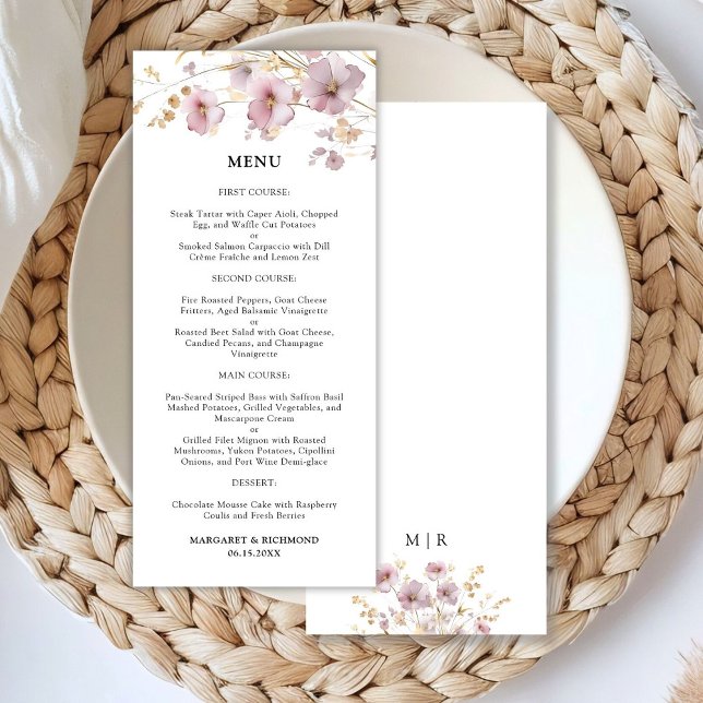 Menu de Casamento Floral de Dusty Rosa e Dourado W (Criador carregado)