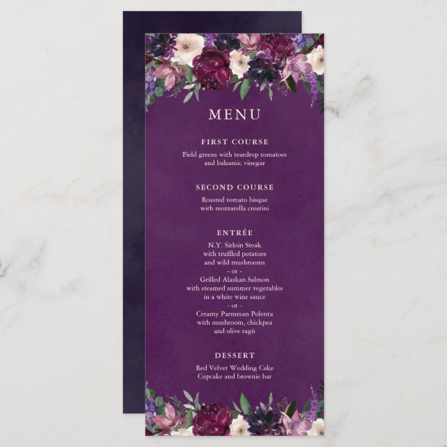 Menu de Casamento Floral de EggPlant Purple (Frente/Verso)