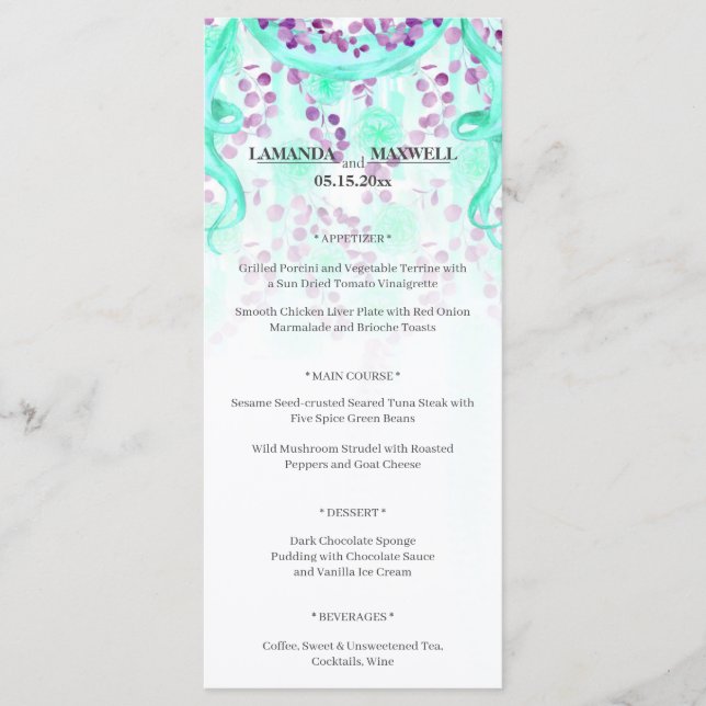 Menu de Casamento Floral de Fita Teal (Frente)