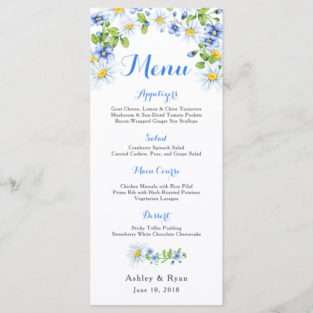 Menu de Casamento Floral de Margarida Branca Azul (Frente)
