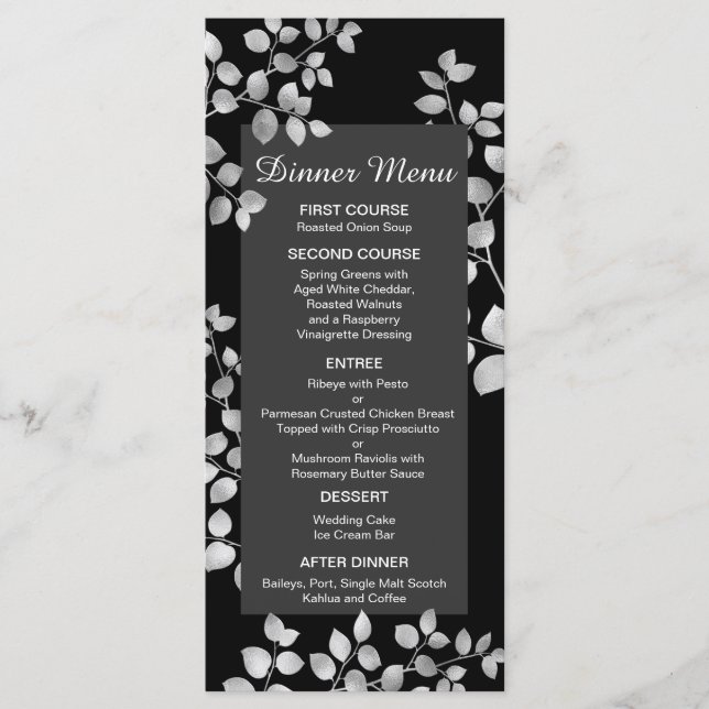 Menu de Casamento Floral de Prata Moderna (Frente)