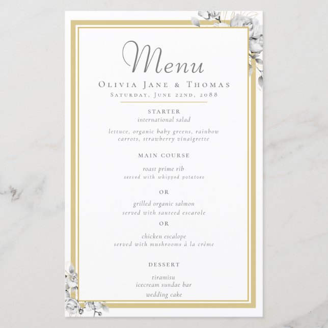 Menu de Casamento Floral de Quadro Dourado Moderno (Frente)