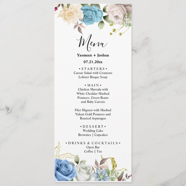 Menu de Casamento Floral de Rosa Azul e Branca (Frente)