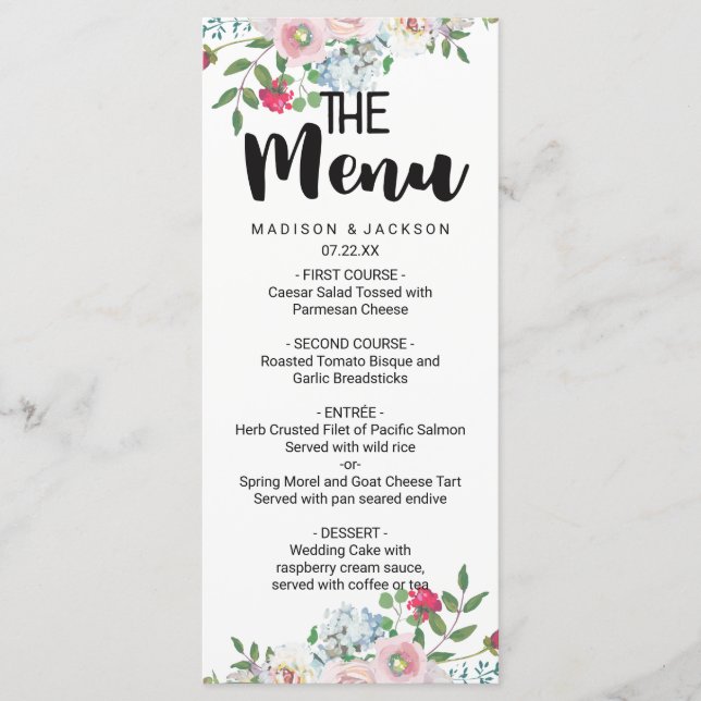 Menu de Casamento Floral de Rosa de Aquarela Azul (Frente)
