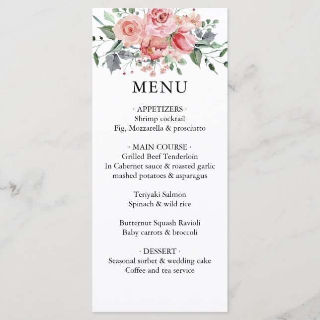 Menu de Casamento Floral de Rosa Dusty com Blush (Frente)